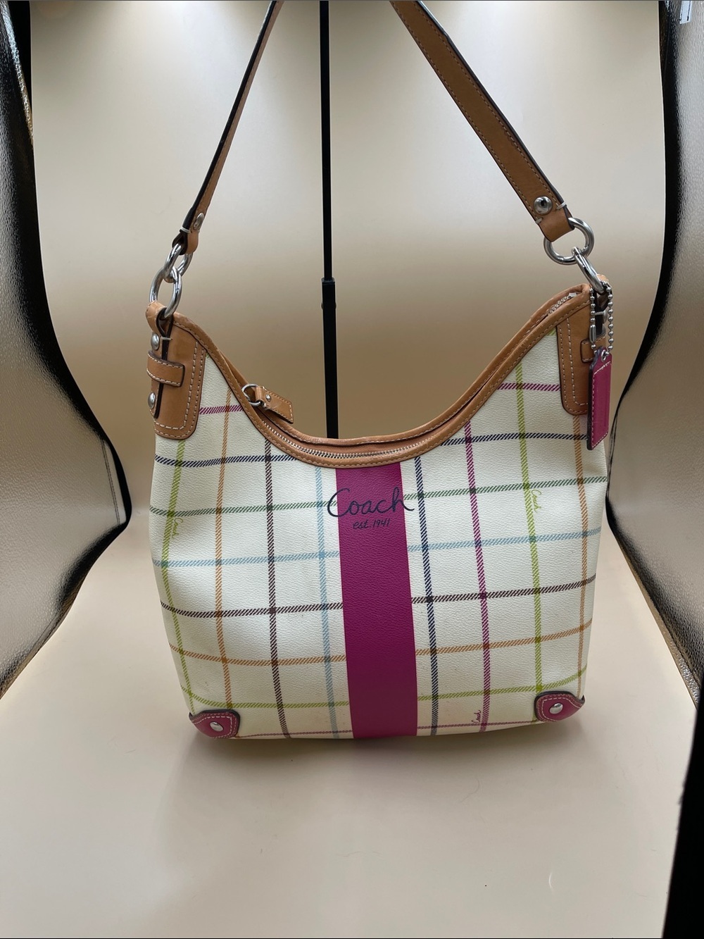 Coach Tattersol Cream Plaid Shoulder Bag with Pink Stripe